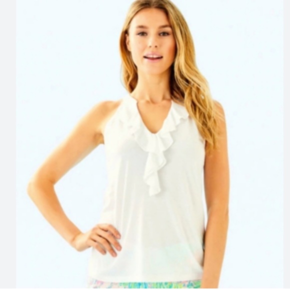 LILLY PULITZER WOMENS SHAY RUFFLE FRONT TANK TOP 100% PIMA COTTON WHITE SMALL - Picture 1 of 5